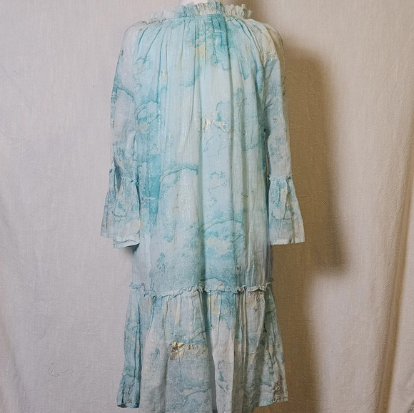 Debbie Katz Nalai Tunic Aqua Metallic Block Print Midi Dress Sz M Cottagecore - Picture 8 of 16